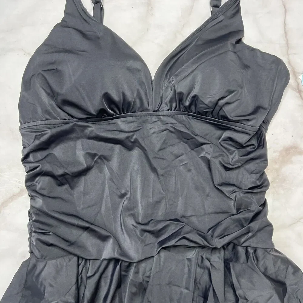 Swim Solutions Plus Size 26W Tummy-Control Skater Swimdress Black One Piece New - Picture 3 of 6
